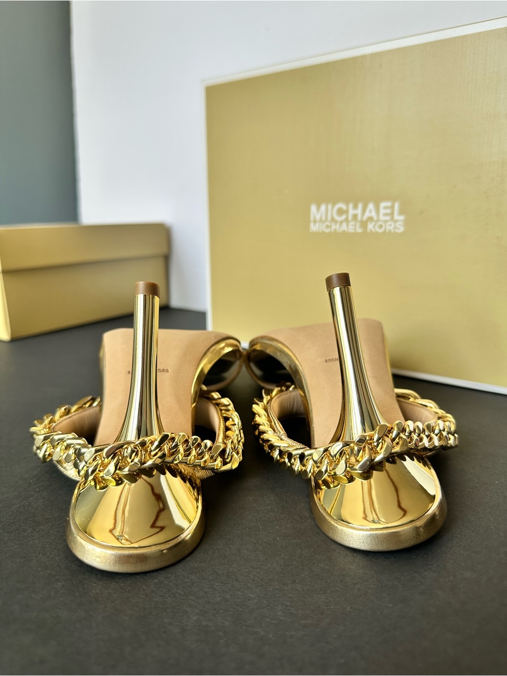 Michael Kors Metallic Gold Chain Strap High Heel Mules.  NEW WITH BOX - Picture 8 of 15